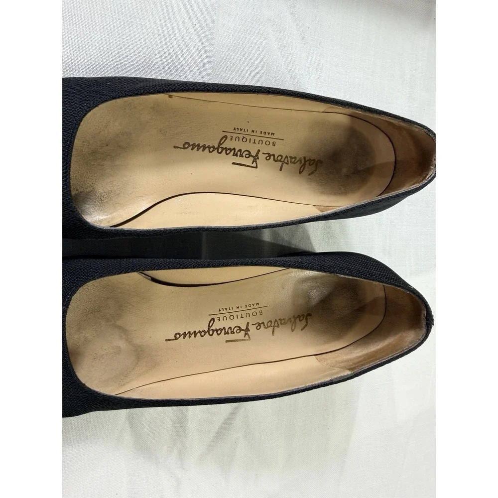 Vintage Ferragamo Fabric Pumps Black Square Toe Heels Italy 7 B Tours
